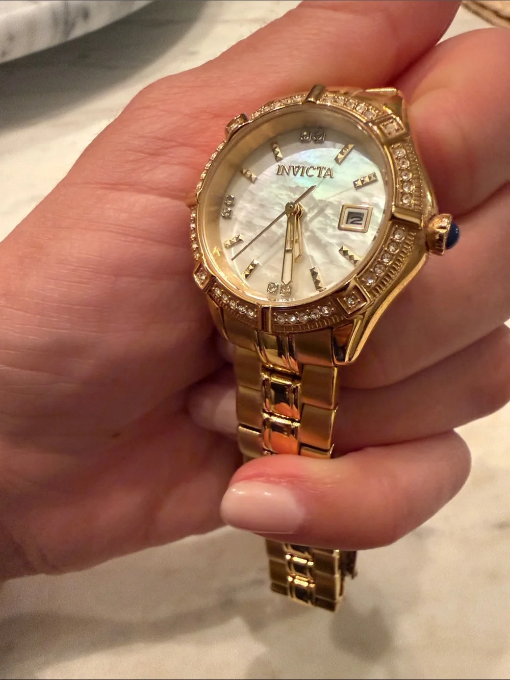 Invicta Gold Tone Ladies Watch with White Mother-of-Pearl Dial